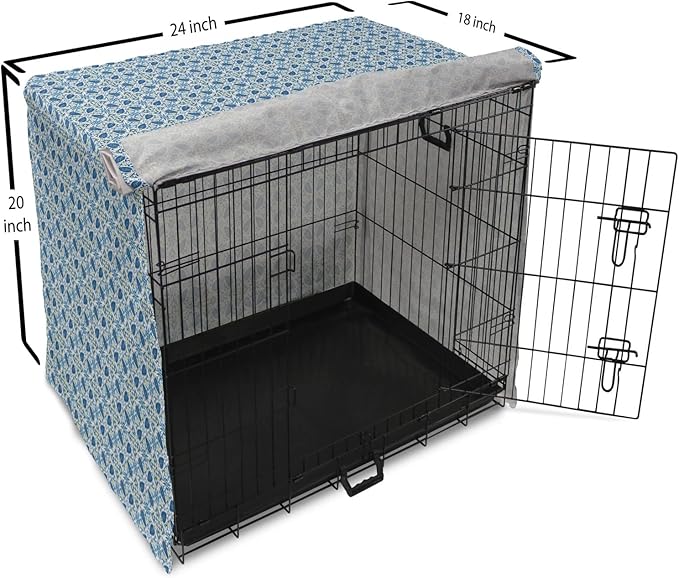 Lunarable Yellow and Blue Dog Crate Cover, Portuguese Traditional Tiles Abstract Mosaic Floral Swirl Motifs, Easy to Use Pet Kennel Cover for Cats & Medium Dogs, 24 Inch, Blue Orange Yellow