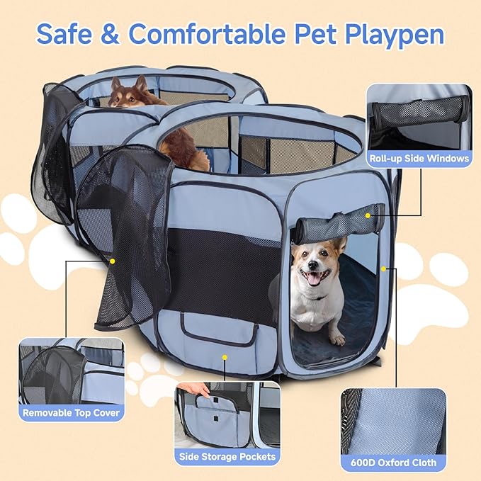 2-in-1 XLarge Pop Up Dog Playpen, 90"x45"x28"H Cat Puppy Pet Playpen, No Assembly Need, Indoor Outdoor Cats Enclosed, Cat Tent Crate Cage Kennel, Portable Playpen for Kitten and Small Animals(L)