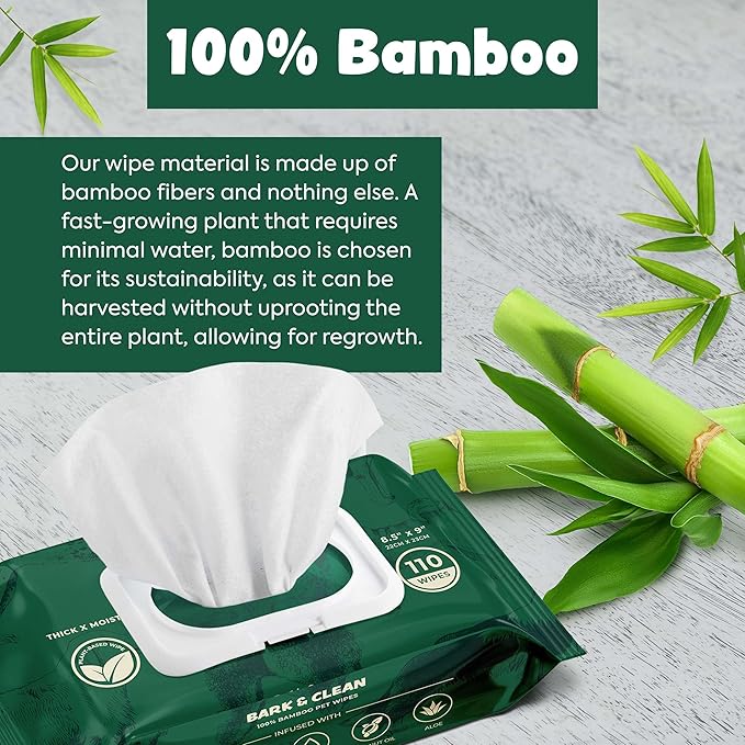 Dog Wipes for Cleaning and Deodorizing - 2 Pack of 110 8.5" x 9" Bamboo Pet Wipes - Compostable, Hypoallergenic Puppy Wipes - Dog Wipes for Paws, Butt, and Body