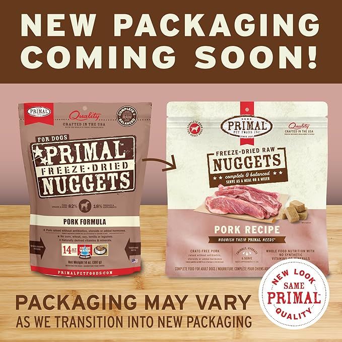 Primal Freeze Dried Raw Dog Food Nuggets, Pork, Complete & Balanced Meal, Also Use as Topper or Treat, Premium, Healthy, Grain Free, High Protein Raw Dog Food, 14 oz (Pack of 2)