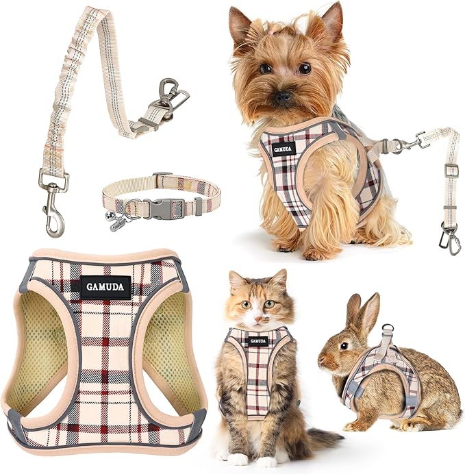 GAMUDA Dog Harness, Collar and Seat Belt Set, Vehicle Safety Harness, Retractable Adjustable Pet Seatbelts with Travel Strap and Carabiner for Most Cars (Beige, XXS)