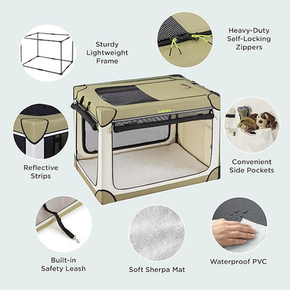 Lesure Soft Collapsible Dog Crate - 36 Inch Portable Travel Crate for Large Dogs Indoor & Outdoor, 4-Door Foldable Pet Kennel with Durable Mesh Windows, Beige