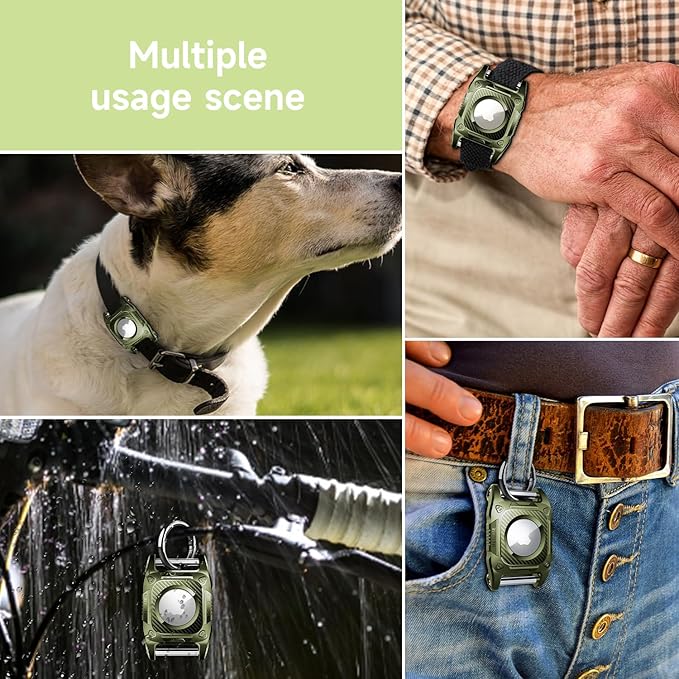 IP68 Waterproof Airtag Case for Dog Collar [1 Pack] Airtag Dog Collar Holder Hard TPU Full Protection Airtag Holder with Removable Handle Cat Dog GPS Tracker Anti Loss air tag Cover（Green）