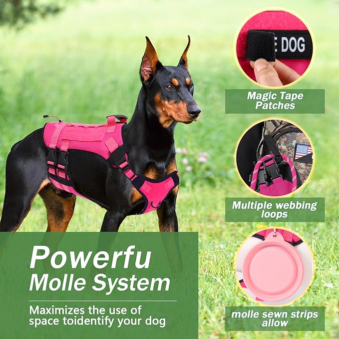 No Pull Tactical Dog Harness for Large Dogs, Escape Proof Molle Dog Vest Harness and Leash Set, Adjustable Military Service Dog Harness with Handle for Medium Large Dogs(L, Pink)