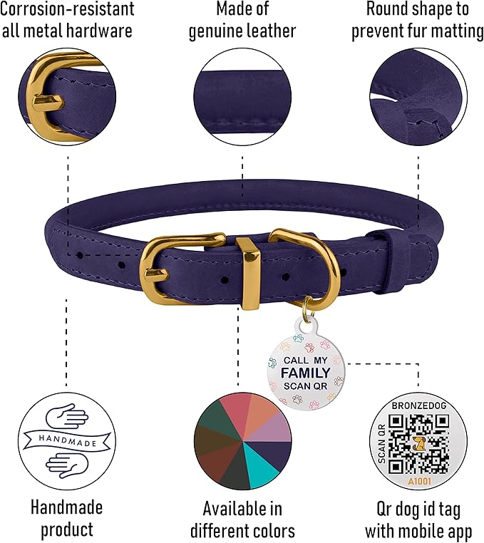 BRONZEDOG Rolled Leather Dog Collar with QR ID Tag Adjustable Soft Round Collars for Small Medium Large Dogs Puppy Cat (14" - 16" Neck Size, Violet)