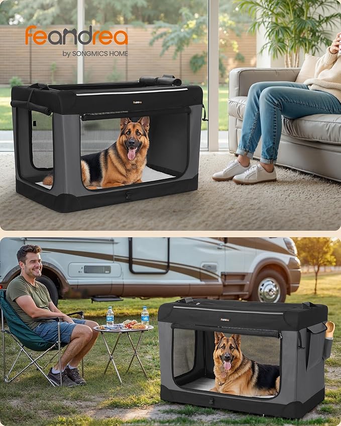 Feandrea Collapsible Dog Crate, 42-Inch Portable Dog Travel Crate for Extra Large Dogs, Oxford Fabric Pet Carrier with 4 Mesh Doors, Handles, Storage Pocket, Water Bottle Holder, Ink Black UPDC021B01