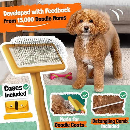 Slicker Brush for Dogs - Doodle Brush - Goldendoodles Labradoodles Bernedoodles - Goldendoodle Must Haves - Poodle Comb and Cases Included - Medium - Yellow