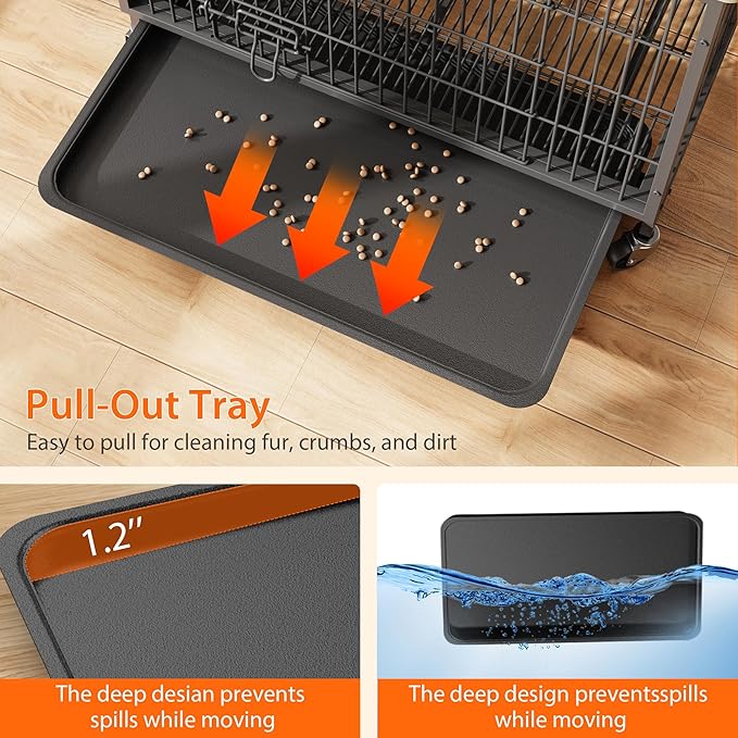 Small Dog Crate Furniture, 27.2"L x 20.1"W x 23.6"H，Indoor Pet Crate with Double Doors, Removable Tray and 360° Wheels, Wooden Countertop Dog Kennel,Gray&Black