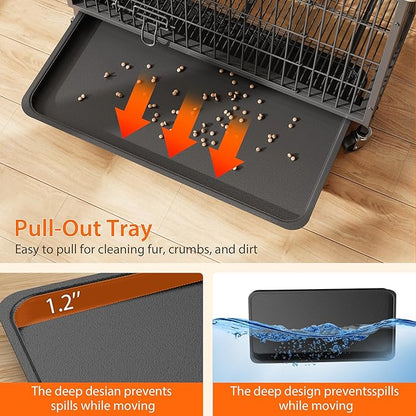 Small Dog Crate Furniture, 27.2"L x 20.1"W x 23.6"H，Indoor Pet Crate with Double Doors, Removable Tray and 360° Wheels, Wooden Countertop Dog Kennel,Gray&Black