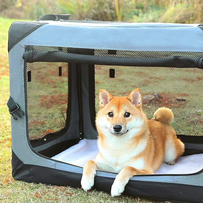 Pettycare 30 Inch Collapsible Dog Crate for Medium Dogs, 4-Door Foldable Soft Dog Kennel with Chew Proof Mesh Windows, Indoor & Outdoor Travel Dog Crate