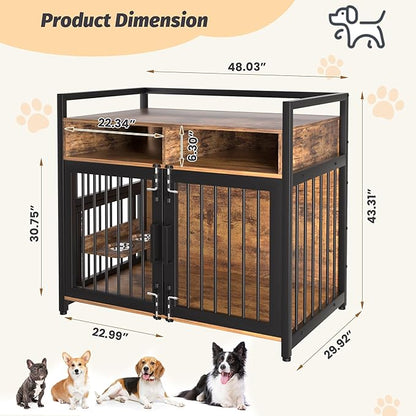 IDEALHOUSE Dog Crate Furniture, 48 Inch Dog Cage with 2 Open Storage Shelves, Wooden Dog Kennel with Adjustable Raised Feeders, Indoor Heavy Duty Metal End Table Dog Crate for Large Medium Dogs