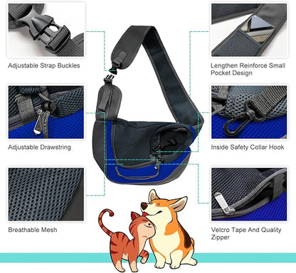Pet Dog Sling Carrier, Breathable Mesh Adjustable Puppy Sling Carrier Hand Free for Small Medium Dog Cat Rabbit, L, Blue