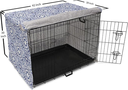 Lunarable Traditional Dog Crate Cover, Circular Flowers and Stripes Ethnic Gzhel Pattern Classic Motifs Art, Easy to Use Pet Kennel Cover for Medium Large Dogs, 42 Inch, Pale Blue