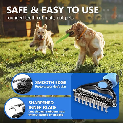 Pet Grooming Comb - Double-Sided Deshedding Tool, Undercoat Rake for Dogs, Dematting Comb for Cats, Extra Wide Brush for Long Haired Dogs & Cats (BLUE)