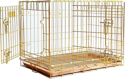 HOMEY PET Copper Gold Dog Crate 30 Inch, Portable Folding Metal Wire Dog Kennel Pet Dog Cage with Removable Floor Grid, Pull Out Pan, Double Doors, Handle for Medium-Small Breed Dogs Indoor Travel