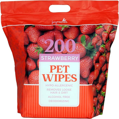FurryFriends Pet Wipes | Strawberry | Hypo-allergenic | Alcohol Free| Deodorizing | Removes Loose Hair & Dirt | Incredibly Clean | 200 ct. 1 Pack