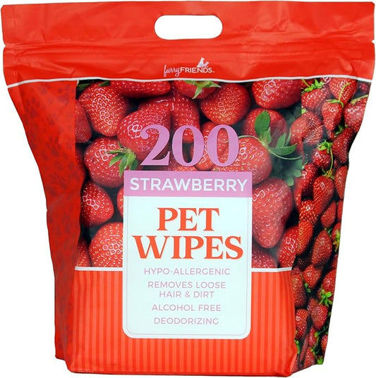 FurryFriends Pet Wipes | Strawberry | Hypo-allergenic | Alcohol Free| Deodorizing | Removes Loose Hair & Dirt | Incredibly Clean | 200 ct. 1 Pack