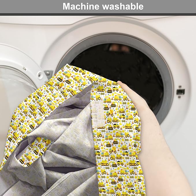 Lunarable Cartoon Dog Crate Cover, Construction Vehicles Style Machines Safety Building Theme, Easy to Use Pet Kennel Cover for Medium Large Dogs, 42 Inch, Yellow White Black