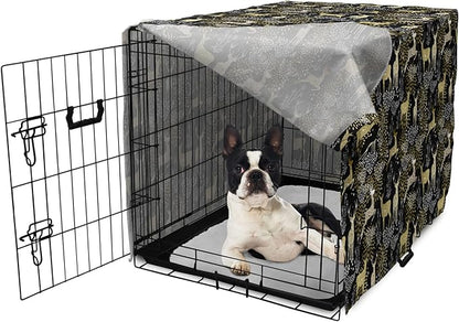 Ambesonne Christmas Dog Crate Cover, Nature Woodland and Deer Silhouettes with Oriental Ornaments Design, Easy to Use Pet Kennel Cover for Small Dogs Puppies Kittens, 22 Inch, Yellow White Black
