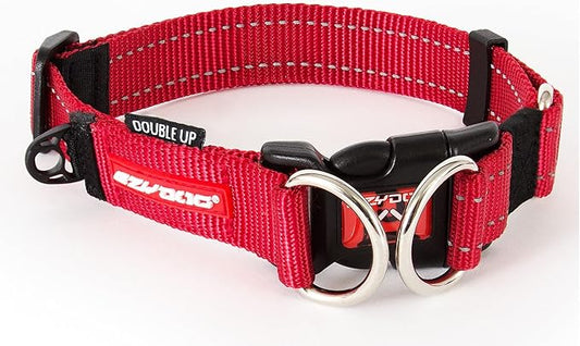 EzyDog Double Up Premium Nylon Dog Collar with Reflective Stitching - Double D-Rings for Superior Strength, Safety, and Comfortability - Non-Rusting and Includes an ID Attachment (Small, Red)