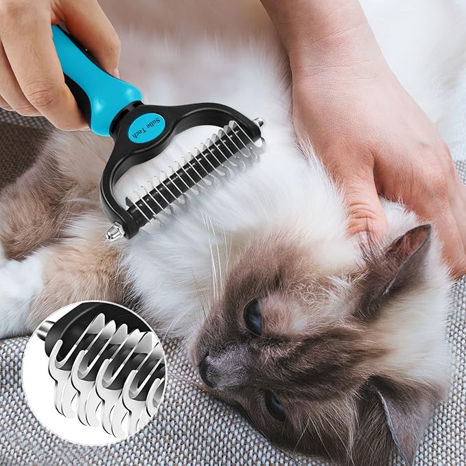 Pet Grooming Brush, Dematting Undercoat Rake Comb, Double Sided Shedding, to Remove Mats, Knots and Tangles Gently (Blue)