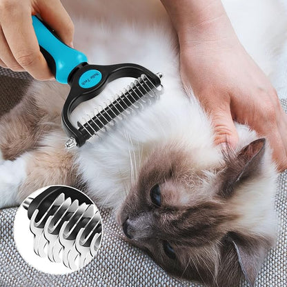 Pet Grooming Brush, Dematting Undercoat Rake Comb, Double Sided Shedding, to Remove Mats, Knots and Tangles Gently (Blue)