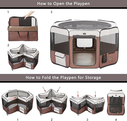 DONORO Dog Playpen 46" Portable Pet Play Pens for Small Medium Dogs, Foldable Exercise Kennel Tent Crate Indoor/Outdoor Travel Camping, Removable Top/Bottom (Brown, Large (46"x46"x23"), 8)