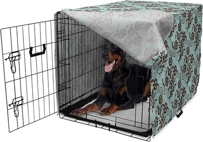 Ambesonne Art Nouveau Dog Crate Cover, Vintage Swirls Vibrant Foliage Damask Style Classic Renaissance, Easy to Use Pet Kennel Cover for Medium Large Dogs, 42 Inch, Seal Brown and Pale Blue
