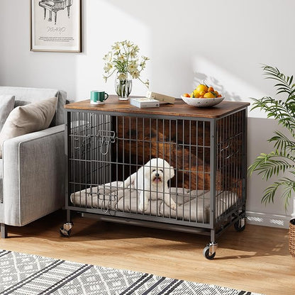 Dog Crate Furniture, 32.5" Double-Door Dog House with Removable Wheels, Heavy-Duty Wooden Kennel & Pull-Out Tray, Rustic Brown Side Table for Medium Dogs, Brown