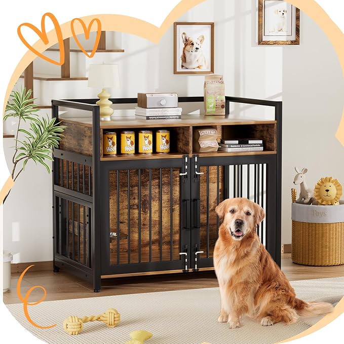 IDEALHOUSE Dog Crate Furniture, 48 Inch Dog Cage with 2 Open Storage Shelves, Wooden Dog Kennel with Adjustable Raised Feeders, Indoor Heavy Duty Metal End Table Dog Crate for Large Medium Dogs