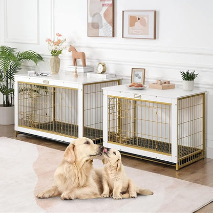 HOOBRO Dog Crate Furniture, 38.6" Large Dog Kennel Indoor, Wooden Cage with Pull-Out Tray, Double Doors Pet House Side End Table for Large/Medium/Small Dogs, White DW982GW03
