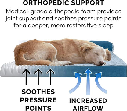Furhaven Orthopedic Dog Bed for Large Dogs w/ Removable Bolsters & Washable Cover, For Dogs Up to 95 lbs - Two-Tone Plush Faux Fur & Suede L Shaped Chaise - Marine Blue, Jumbo/XL