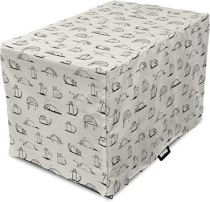 Lunarable Pet Dog Crate Cover, Funny Cat Characters Sketch Art Style Friendly Playful Kitties Lazy Fluffy Animals, Easy to Use Pet Kennel Cover for Small Dogs Puppies Kittens, 22 Inch, Beige Black