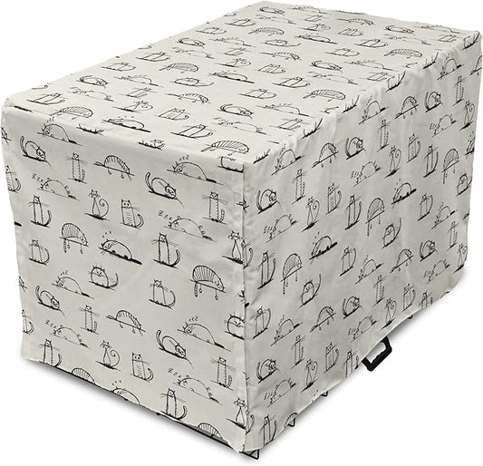Lunarable Pet Dog Crate Cover, Funny Cat Characters Sketch Art Style Friendly Playful Kitties Lazy Fluffy Animals, Easy to Use Pet Kennel Cover for Small Dogs Puppies Kittens, 22 Inch, Beige Black