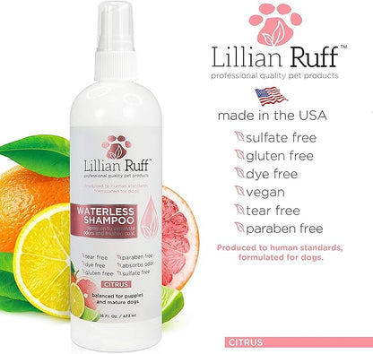 Lillian Ruff Waterless No-Rinse Dog Dry Shampoo Spray with Hydrating Essential Oils - pH-Balanced Dry Shampoo for Dogs - Clean, Condition, Detangle & Deodorize Dry, Sensitive Skin (Citrus)
