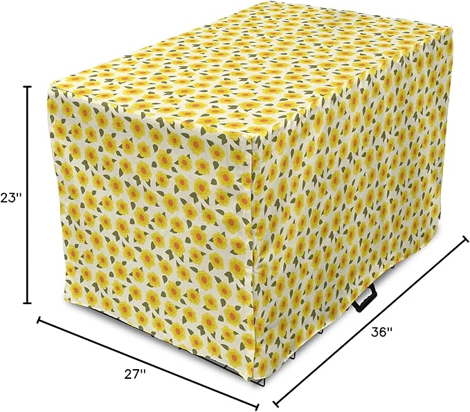 Lunarable Daffodil Dog Crate Cover, Retro Abstract Small Bedding Plants Flourishing Meadow Girls Design, Easy to Use Pet Kennel Cover for Medium Large Dogs, 36 Inch, Yellow Green Orange
