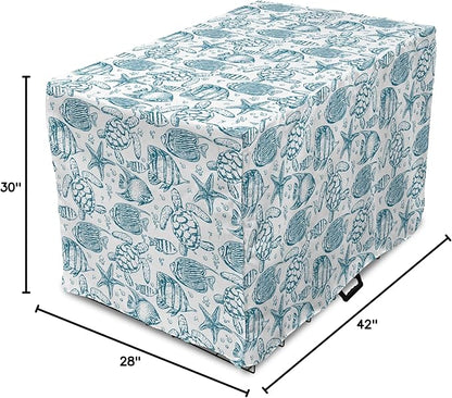 Lunarable Under The Sea Dog Crate Cover, Hand Drawn Sketch Art Style Fauna of The Sea Turtle Starfish and Fishes, Easy to Use Pet Kennel Cover for Medium Large Dogs, 42 Inch, Blue White