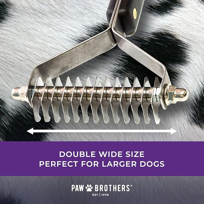 RYAN'S PET SUPPLIES Paw Brothers 13-Blade Coarse Double Wide Dematting Undercoat Rake for Dogs and Cats, Professional Grade, Dog Shedding Brush, Stainless Steel Blades, Rounded Gentle Teeth