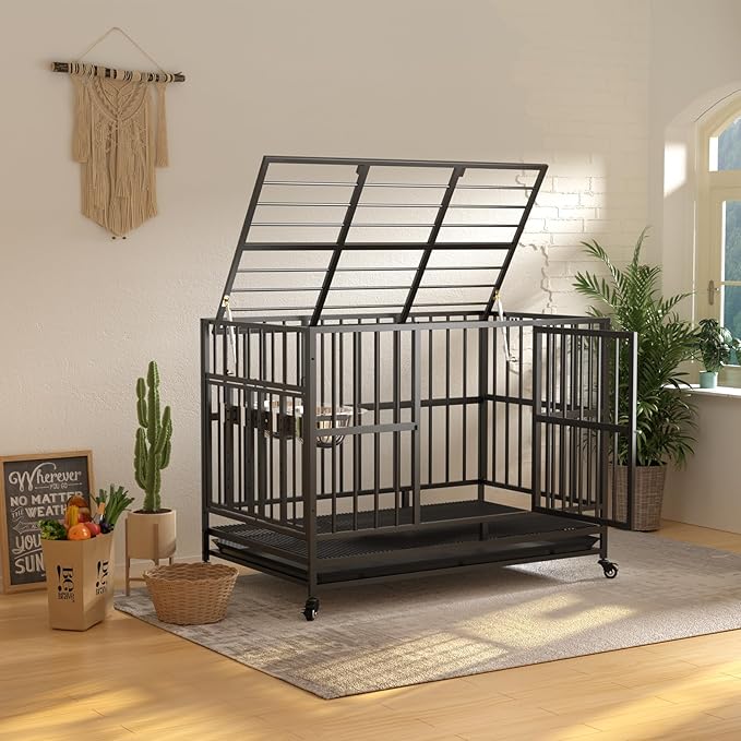LOVMOR 43" Heavy Duty Dog Crate with Unique Air Lift Rod/Wheels/ 360° & Adjustable 2 Bowls, Extra Medium Dog Crate