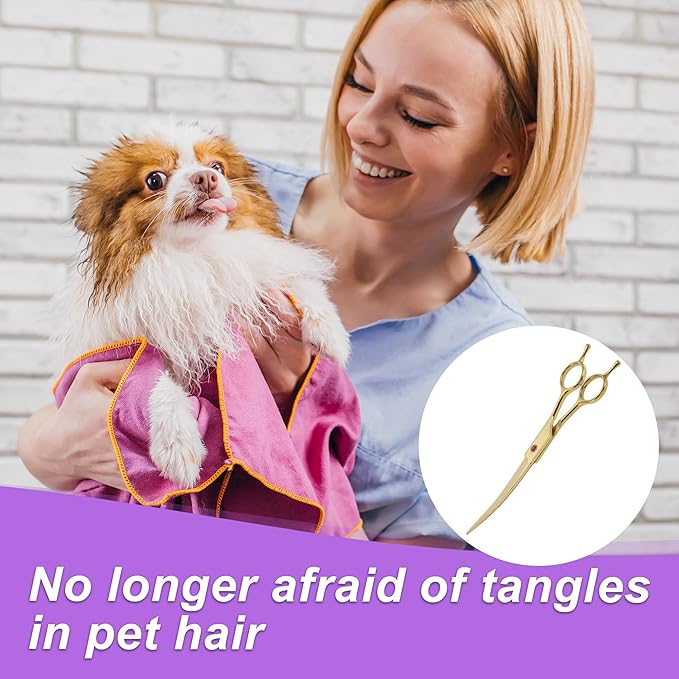 Dog Grooming Scissors, with Ergonomic Handle, Pill Popper for Cats, Upper Bend Shears, Stainless Steel Curved Shears for Dogs Cats, Gold Tone, 7.5inch