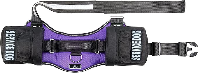 Service Dog Harness with Removable Saddle Bag Backpack Carrier Traveling Carrying Bag. 2 Removable Patches. Please Measure Dog Before Ordering. Made by Doggie Stylz (Girth 24-31", Purple)