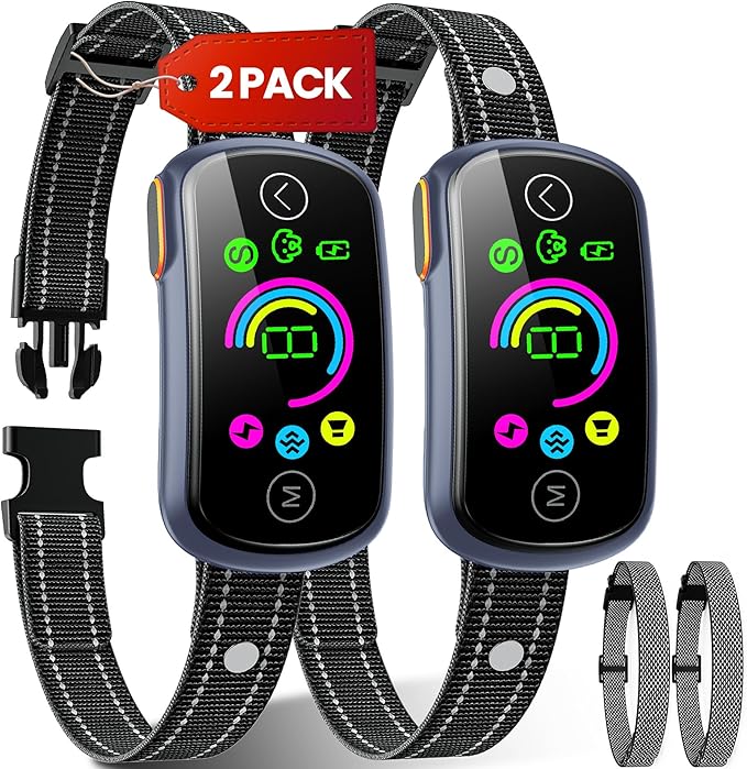 Dog Bark Collar, 2 Pack Customizable Bark Collar for Large Medium Dogs, Smart Stop Barking Training Collar with Adjustable Beep Vibratioin Shock and Sensitivity with Replacement Strap，Grey