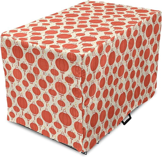 Lunarable Oriental Dog Crate Cover, Folk Lamps Cartoon Style Cheerful Pattern with Chinese Ethnicity, Easy to Use Pet Kennel Cover for Small Dogs Puppies Kittens, 22 Inch, Pale Yellow and Vermilion
