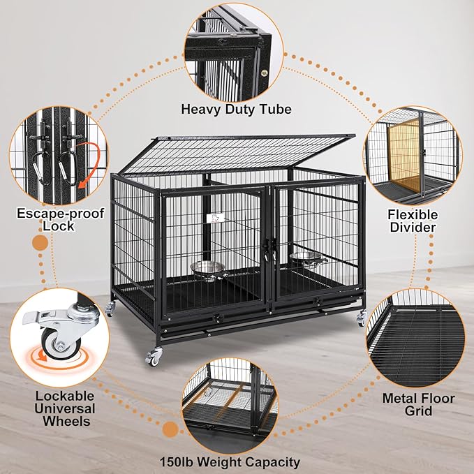Homey Pet 43 Inch Metal Open Top Stackable Heavy Duty Dog Cage Kennel with Three Door, Metal Floor Grid, Tray, Wheels, Divider and Feeding Bowl, Drop Dog Cages Indoor