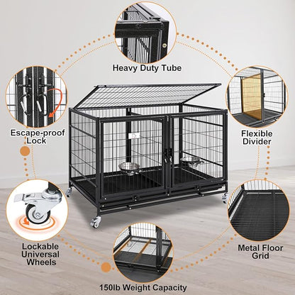 Homey Pet 43 Inch Metal Open Top Stackable Heavy Duty Dog Cage Kennel with Three Door, Metal Floor Grid, Tray, Wheels, Divider and Feeding Bowl, Drop Dog Cages Indoor