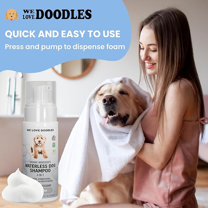Waterless Dog Shampoo - Cleans & Moisturizes Coat, No Rinse Dog Shampoo, Safe Foam Formula & Pet-Friendly Dog Deodorizing Spray, 5.2 oz (Unscented) [We Love Doodles]
