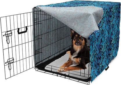 Lunarable Leaf Print Dog Crate Cover, Watercolor Hawaiian Inspired Nature Exotic Silhouettes on Dark Back, Easy to Use Pet Kennel Cover for Medium Large Dogs, 36 Inch, Violet Blue Turquoise