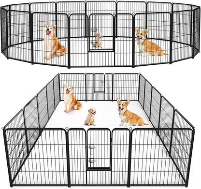 Sweetcrispy Dog Playpen Indoor - Pet Fence Exercise Pen for Yard Gate 16 Panels Foldable Puppy Playpens with Doors Metal Dog Pen for Camping, RV, Outdoor, Small/Medium/Large Pets, 32” Height