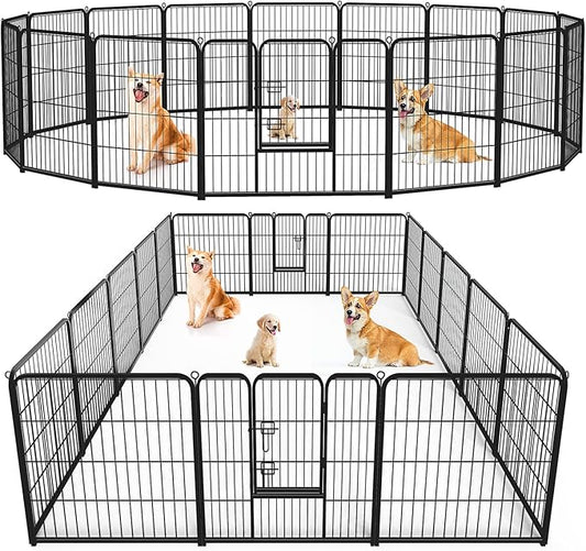 Sweetcrispy Dog Playpen Indoor - Pet Fence Exercise Pen for Yard Gate 16 Panels Foldable Puppy Playpens with Doors Metal Dog Pen for Camping, RV, Outdoor, Small/Medium/Large Pets, 32” Height