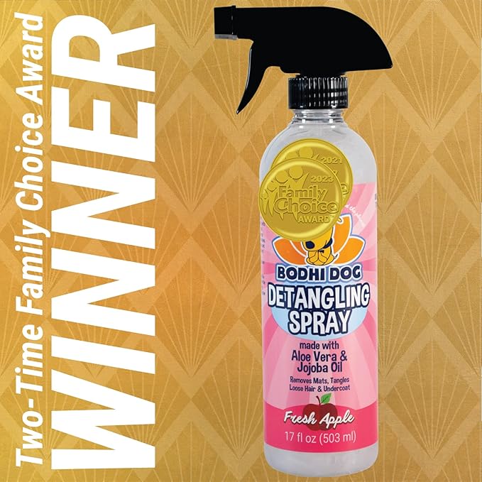 Bodhi Dog Detangling Spray - Fur & Hair Detangler Spray for Dogs & Cats - Easily Removes Mats, Tangles & Knots - Pet Grooming Essentials - Made in USA - Fresh Apple (17 Fl Oz)